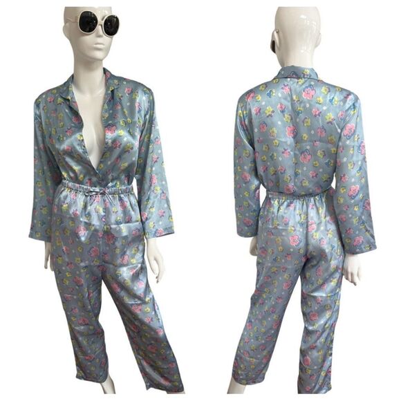 Fun Vintage Peak 90s Gal Flower Power Satin Pajamas - Picture 1 of 12